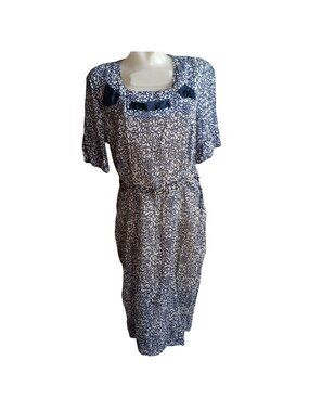 Vintage 1940's Lipson Bros Womens Swing Dress Navy White Swirl Print 12/14